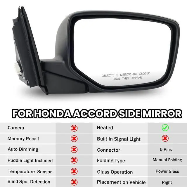Alt view image 2 of 7 - Passenger Side Mirror Compatible with Honda Accord 2008 2009 2010 2011 2012 Mirrors with Heated Power Glass Manual Folding Right Door Mirrors Assembly 5 Pins Alabaster Silver Metallic