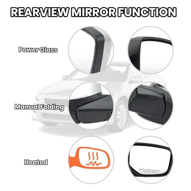 Alt view image 4 of 7 - Passenger Side Mirror Compatible with Honda Accord 2008 2009 2010 2011 2012 Mirrors with Heated Power Glass Manual Folding Right Door Mirrors Assembly 5 Pins Alabaster Silver Metallic