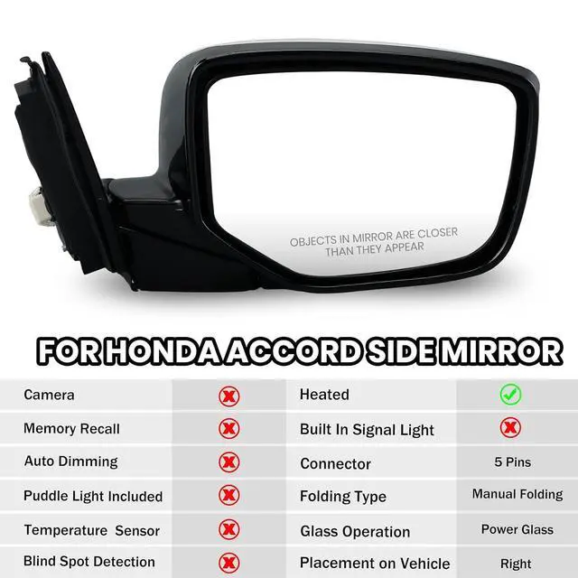 Alt view image 2 of 7 - Passenger Side Mirror Compatible with Honda Accord 2008 2009 2010 2011 2012 Mirrors with Heated Power Glass Manual Folding Right Door Mirrors Assembly 5 Pins White