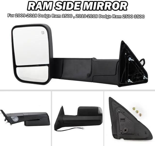 Alt view image 6 of 7 - Driver Side Mirror Compatible with 2009-2018 Dodge Ram 1500,2010-2018 Dodge Ram 2500 3500,Tow Mirrors with Power Glass Heated Turn Signal Light Puddle Lamp(Black)