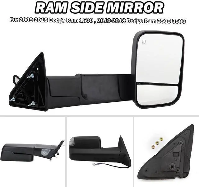 Alt view image 6 of 7 - Passenger Side Mirror Compatible with 2009-2018 Dodge Ram 1500,2010-2018 Dodge Ram 2500 3500,Tow Mirrors with Power Glass Heated Turn Signal Light Puddle Lamp(Black)