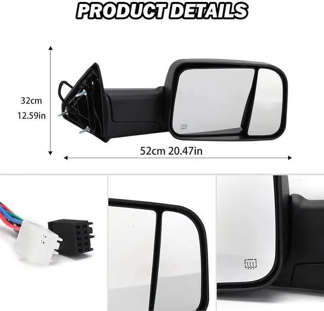 Alt view image 7 of 7 - Passenger Side Mirror Compatible with 2009-2018 Dodge Ram 1500,2010-2018 Dodge Ram 2500 3500,Tow Mirrors with Power Glass Heated Turn Signal Light Puddle Lamp(Black)