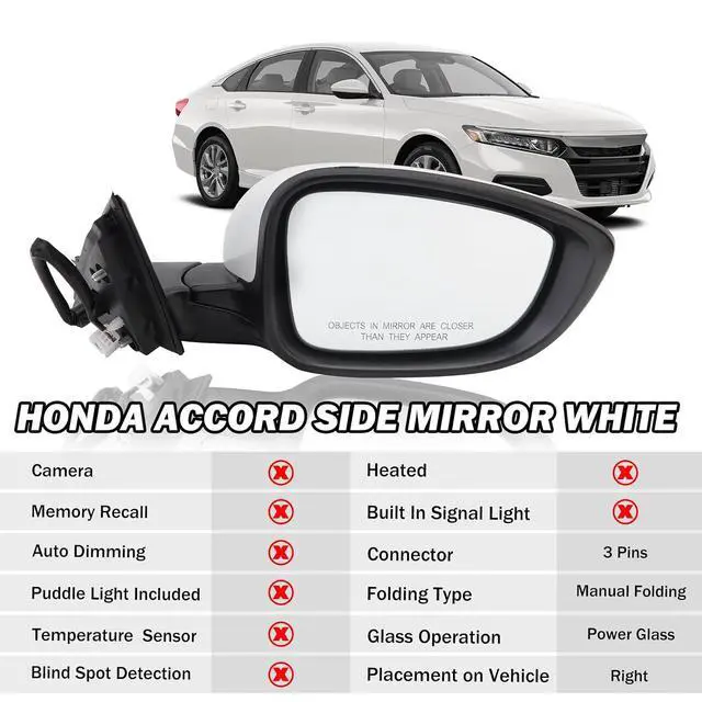 Alt view image 2 of 7 - Passenger Side View Mirror Compatible with 2018 2019 2020 2021 2022 Honda Accord Sedan White Non Heated Without Signal Light 76208TVEH01