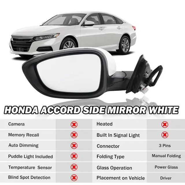 Alt view image 2 of 7 - Honda Accord Door Mirror Compatible with 2018 2019 2020 2021 2022 Honda Accord Driver Side Mirror White Non Heated Without Signal Light 76258TVEH01