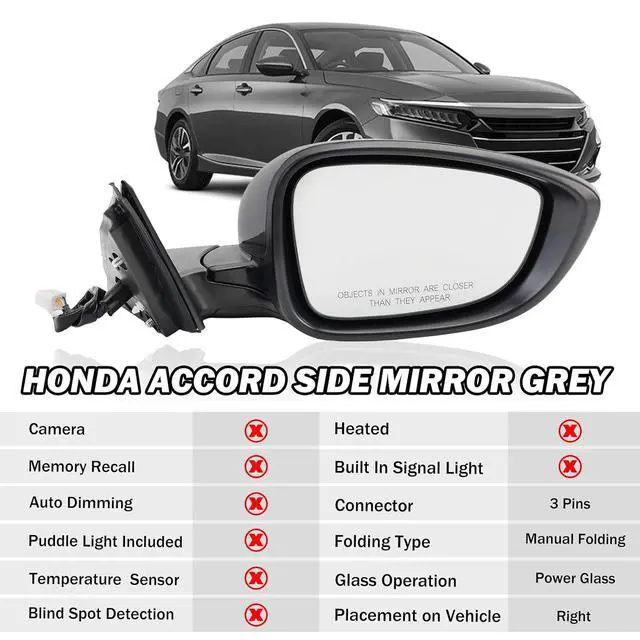 Alt view image 2 of 7 - Right Passenger Side Mirror Compatible with Honda Accord 2018 2019 2020 2021 Mirrors with Power,Non-Heated,Sport 1.5T, Repalce 76258-TVA-A02 HO1320328, Grey