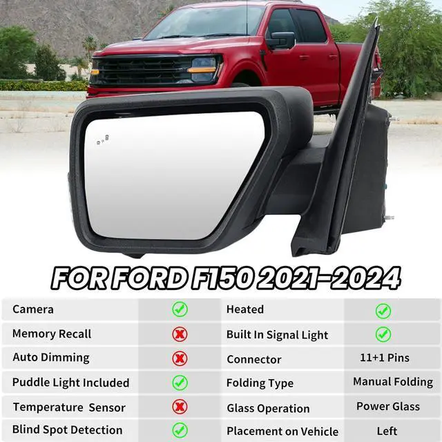 Alt view image 2 of 7 - Left Driver Side Mirror for Ford 2021-2024 Ford F150 with Camera(11+1 Pins) | Mirrors with Turn Signal Blind Spot Detection,Puddle Lights Power Heated