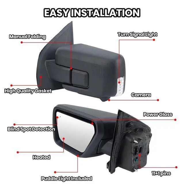 Alt view image 3 of 7 - Left Driver Side Mirror for Ford 2021-2024 Ford F150 with Camera(11+1 Pins) | Mirrors with Turn Signal Blind Spot Detection,Puddle Lights Power Heated