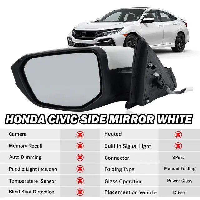 Alt view image 2 of 7 - Driver Side Mirror Compatible With 2016 2017 2018 2019 2020 2021 Honda Civic Coupe Sedan Hatchback,Mirror with Power Glass,Non-Heated,Manual Folding