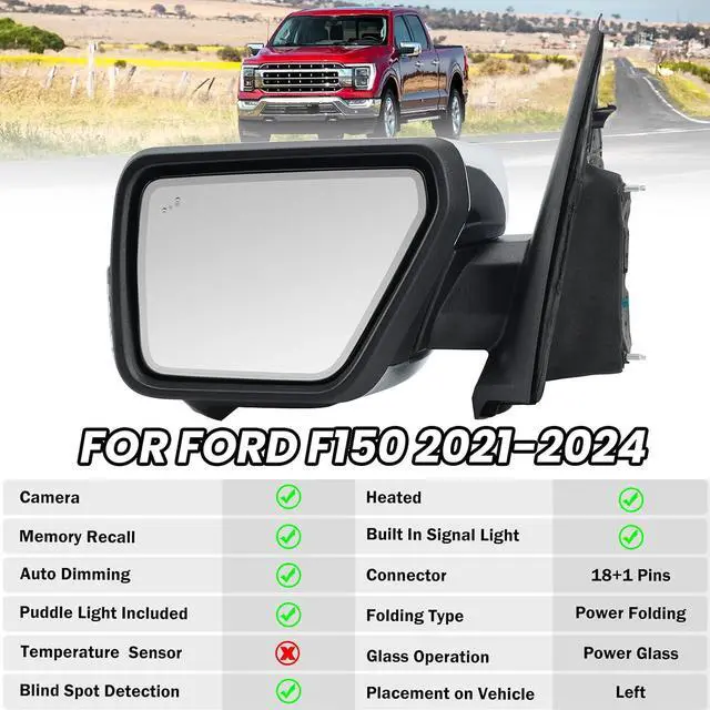 Alt view image 2 of 7 - Left Driver Side Door Mirror Fits 2021-2025 Ford F150 Mirrors With Memory Camera Power Folding Blind Spot Turn Signal Puddle Light Temperature Sensor Heated Chrome(18+1Pins)