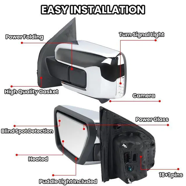 Alt view image 3 of 7 - Left Driver Side Door Mirror Fits 2021-2025 Ford F150 Mirrors With Memory Camera Power Folding Blind Spot Turn Signal Puddle Light Temperature Sensor Heated Chrome(18+1Pins)