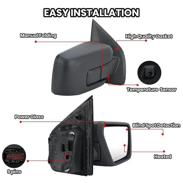 Alt view image 3 of 7 - Passenger Side Door Mirror Compatible With 2021 2022 2023 2024 2025 Ford F150 Mirror with Blind Spot Temperature Sensors Heated Power Glass Manual Folding,Matte Black (9Pins)