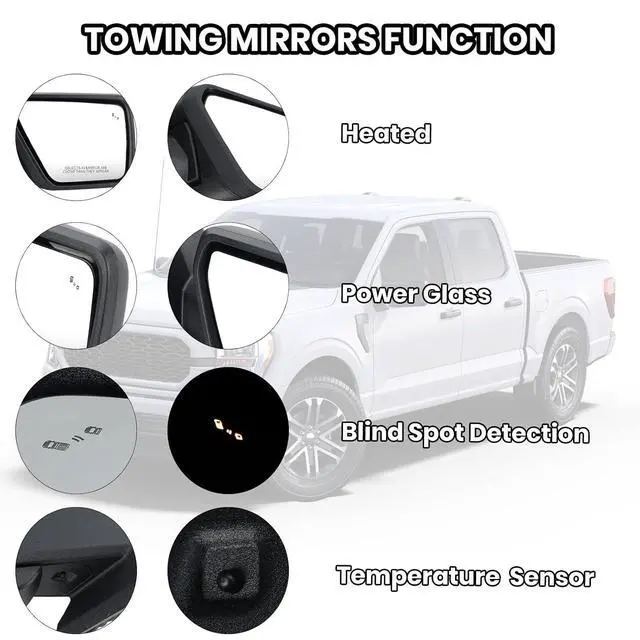 Alt view image 4 of 7 - Passenger Side Door Mirror Compatible With 2021 2022 2023 2024 2025 Ford F150 Mirror with Blind Spot Temperature Sensors Heated Power Glass Manual Folding,Matte Black (9Pins)