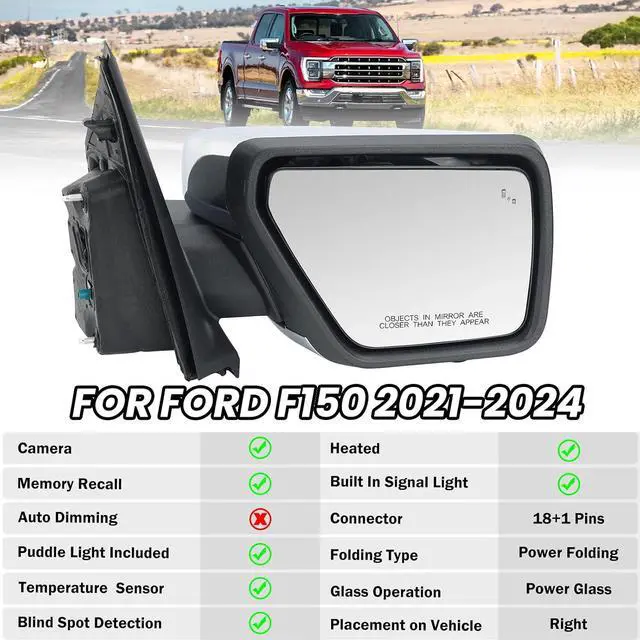Alt view image 2 of 7 - Passenger Side Mirror for 2021-2025 Ford F150 with Camera Chrome(18+1Pins) | Mirrors with Memory Camera Power Folding Blind Spot Turn Signal Puddle Light Temperature Sensor Heated (Right)