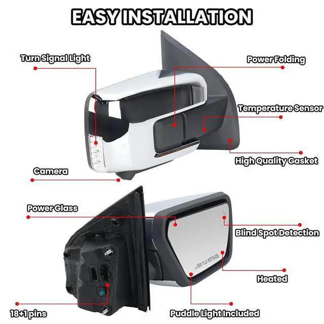 Alt view image 3 of 7 - Passenger Side Mirror for 2021-2025 Ford F150 with Camera Chrome(18+1Pins) | Mirrors with Memory Camera Power Folding Blind Spot Turn Signal Puddle Light Temperature Sensor Heated (Right)