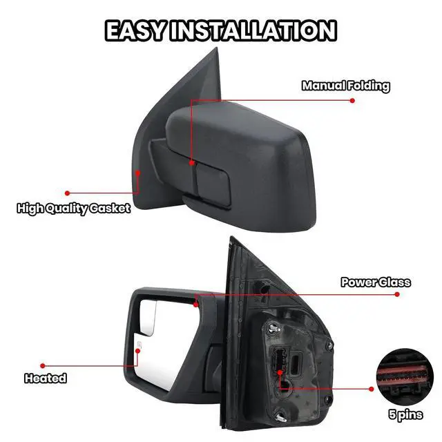 Alt view image 3 of 7 - Driver Side Door Mirror Compatible With 2021 2022 2023 2024 2025 Ford F150 Mirror with Heated Power Glass Manual Folding,Matte Black (5Pins)