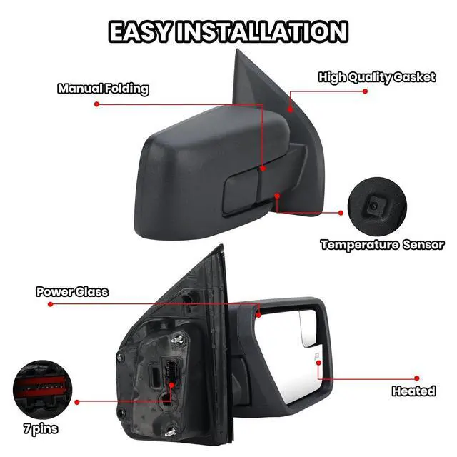 Alt view image 3 of 7 - Passenger Side Door Mirror Compatible With 2021 2022 2023 2024 2025 Ford F150 Mirror with Temperature Sensors Heated Power Glass Manual Folding,Matte Black (7Pins)
