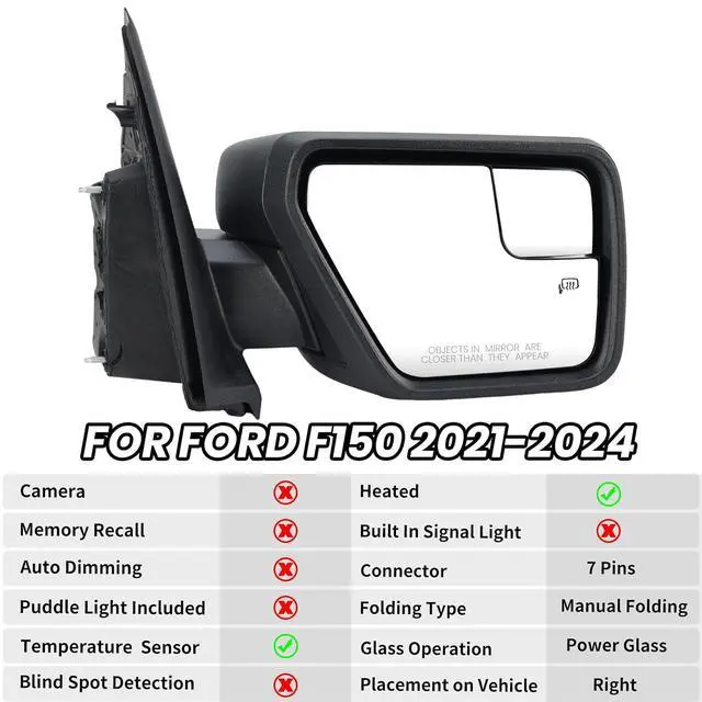 Alt view image 2 of 7 - Passenger Side Door Mirror Compatible With 2021 2022 2023 2024 2025 Ford F150 Mirror with Temperature Sensors Heated Power Glass Manual Folding,Matte Black (7Pins)