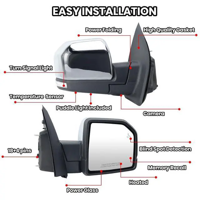 Alt view image 3 of 7 - Passenger Side Mirror Compatible with 2015-2020 Ford F150 Mirrors with Camera Power Folding Memory Heated Turn Signal Blind Spot Detection,Puddle Lights,Temperature Sensor Chrome (18+4 Pins)