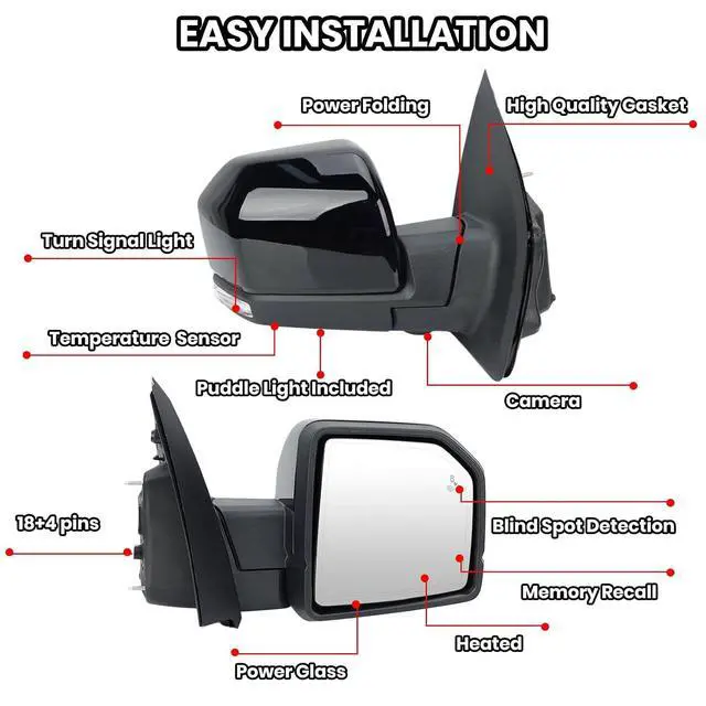 Alt view image 3 of 7 - Passenger Side Mirror Compatible with 2015-2020 Ford F150 Mirrors with Camera Power Folding Memory Heated Turn Signal Blind Spot Detection,Puddle Lights,Temperature Sensor Black (18+4 Pins)