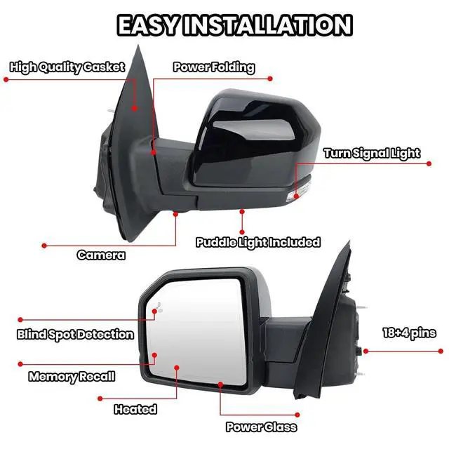 Alt view image 3 of 7 - Driver Side Mirror Compatible with 2015-2020 Ford F150 Mirrors with Camera Power Folding Memory Heated Turn Signal Blind Spot Detection,Puddle Lights,Black (18+4 Pins)