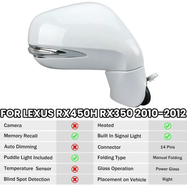Alt view image 2 of 7 - Passenger Side Mirror for 2010-2012 Lexus RX350 RX450H White(14Pins) | Mirrors with Mirror Memory Turn Signal Puddle Light Heated Power Glass Manual Folding Right