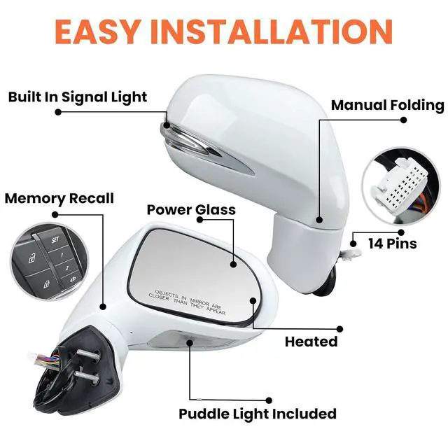 Alt view image 3 of 7 - Passenger Side Mirror for 2010-2012 Lexus RX350 RX450H White(14Pins) | Mirrors with Mirror Memory Turn Signal Puddle Light Heated Power Glass Manual Folding Right