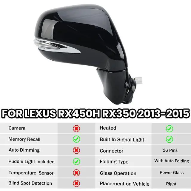 Alt view image 2 of 7 - Passenger Side Mirror for 2013 2014 2015 Lexus RX350 RX450H Black(16Pins) | Mirrors with Mirror Power Folding Memory Turn Signal Puddle Light Heated Power Glass Right