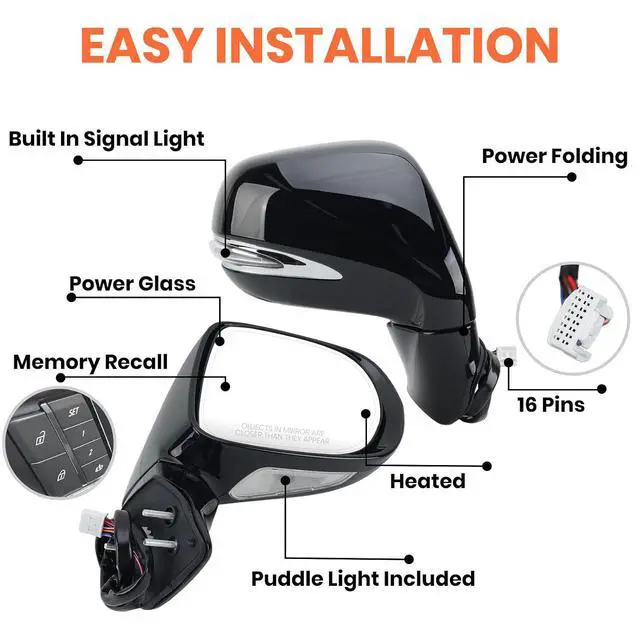 Alt view image 3 of 7 - Passenger Side Mirror for 2013 2014 2015 Lexus RX350 RX450H Black(16Pins) | Mirrors with Mirror Power Folding Memory Turn Signal Puddle Light Heated Power Glass Right
