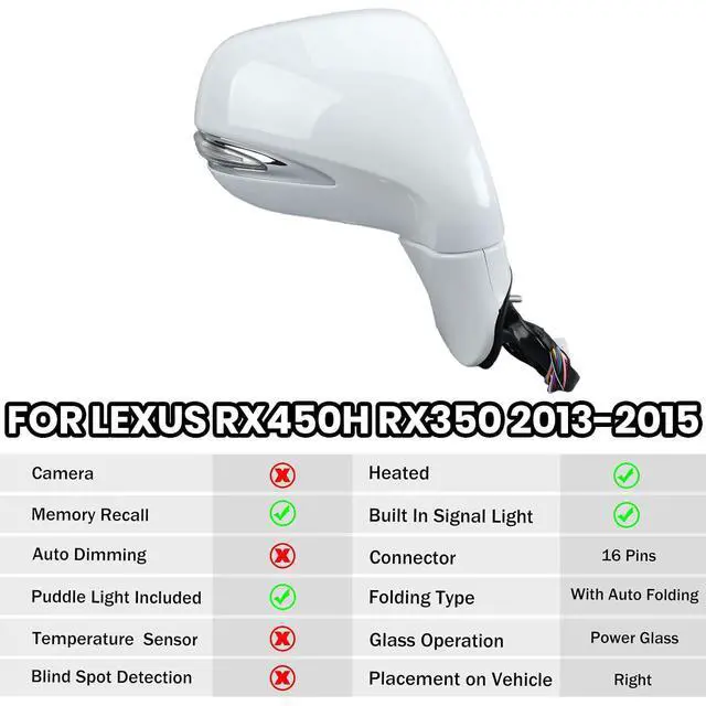Alt view image 2 of 7 - Passenger Side Mirror for 2013 2014 2015 Lexus RX350 RX450H White(16Pins) | Mirrors with Mirror Power Folding Memory Turn Signal Puddle Light Heated Power Glass Right