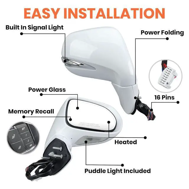 Alt view image 3 of 7 - Passenger Side Mirror for 2013 2014 2015 Lexus RX350 RX450H White(16Pins) | Mirrors with Mirror Power Folding Memory Turn Signal Puddle Light Heated Power Glass Right