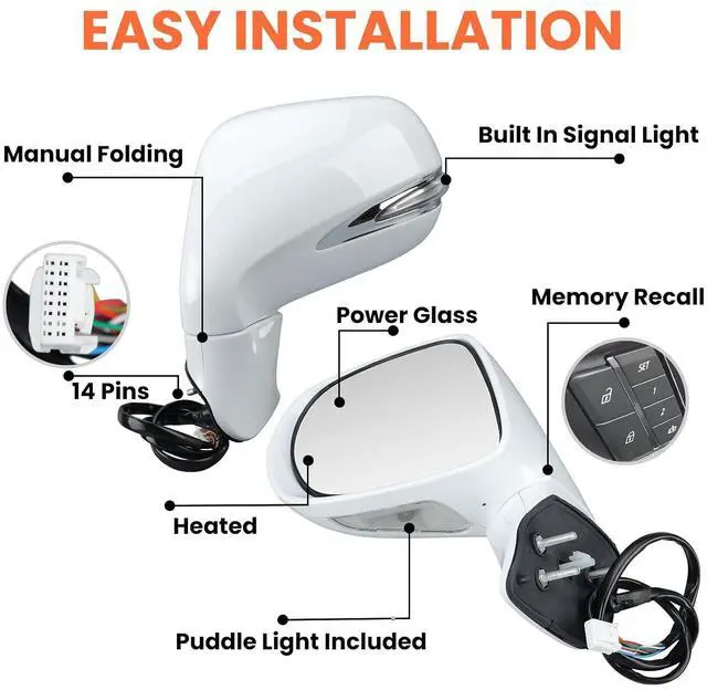 Alt view image 3 of 7 - Driver Side Mirror for 2010-2012 Lexus RX350 RX450H White(14Pins) | Mirrors with Mirror Memory Turn Signal Puddle Light Heated Power Glass Manual Folding Left