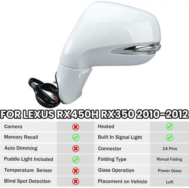 Alt view image 2 of 7 - Driver Side Mirror for 2010-2012 Lexus RX350 RX450H White(14Pins) | Mirrors with Mirror Memory Turn Signal Puddle Light Heated Power Glass Manual Folding Left