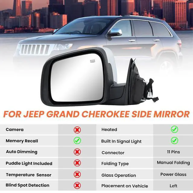 Alt view image 2 of 7 - Driver Side Mirror Compatible with 2011 2012 2013 2014 2015 2016 2017 2018 2019 2020 2021 Grand Cherokee Mirror with Power Glass,Heated,Signal Light,Memory,Manual Folding Chrome (11pins)