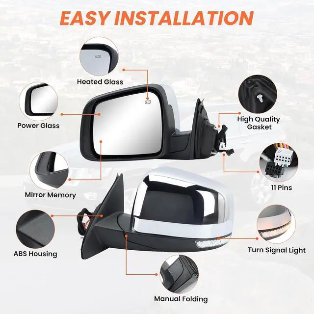 Alt view image 3 of 7 - Driver Side Mirror Compatible with 2011 2012 2013 2014 2015 2016 2017 2018 2019 2020 2021 Grand Cherokee Mirror with Power Glass,Heated,Signal Light,Memory,Manual Folding Chrome (11pins)