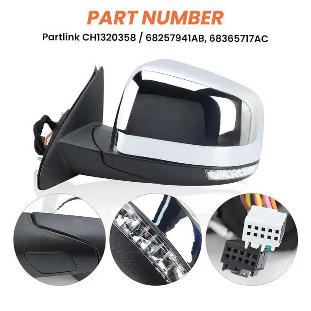 Alt view image 6 of 7 - Driver Side Mirror Compatible with 2011 2012 2013 2014 2015 2016 2017 2018 2019 2020 2021 Grand Cherokee Mirror with Power Glass,Heated,Signal Light,Memory,Manual Folding Chrome (11pins)