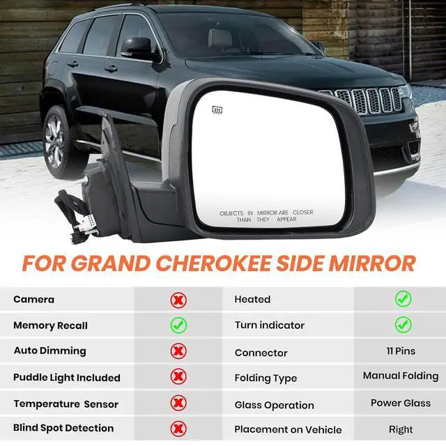 Alt view image 2 of 7 - Right Passenger Side Mirror Compatible With 2011-2021 Jeep Grand Cherokee Mirrors With Memory Heated Turn Signal Manual Folding Power Glass Replace 57010704AJ(11Pins) Black