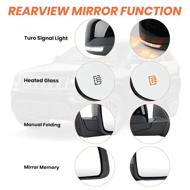 Alt view image 4 of 7 - Right Passenger Side Mirror Compatible With 2011-2021 Jeep Grand Cherokee Mirrors With Memory Heated Turn Signal Manual Folding Power Glass Replace 57010704AJ(11Pins) Black