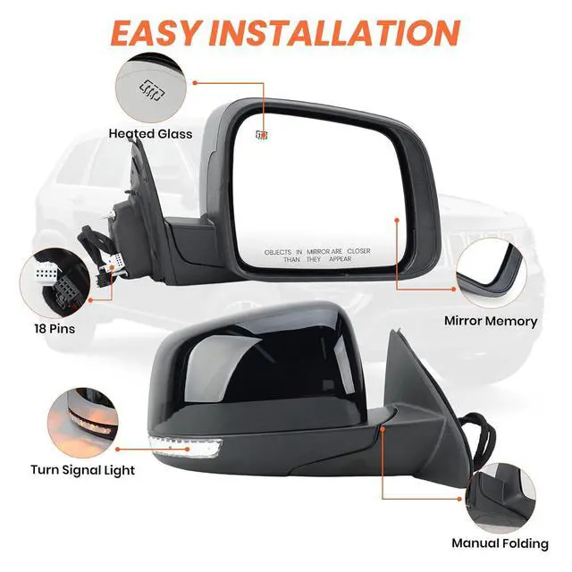 Alt view image 3 of 7 - Right Passenger Side Mirror Compatible With 2011-2021 Jeep Grand Cherokee Mirrors With Memory Heated Turn Signal Manual Folding Power Glass Replace 57010704AJ(11Pins) Black