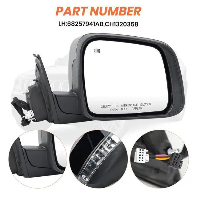 Alt view image 7 of 7 - Right Passenger Side Mirror Compatible With 2011-2021 Jeep Grand Cherokee Mirrors With Memory Heated Turn Signal Manual Folding Power Glass Replace 57010704AJ(11Pins) Black