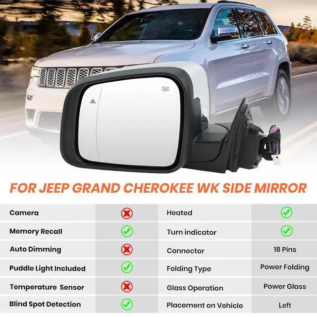 Alt view image 2 of 7 - Left Driver Side Mirror Compatible with Jeep Grand Cherokee 2011-2021 WK Mirrors with Power Folding,Memory,Blind Spot,Puddle Light,Turn Signal,Heated,Chrome Replaces 5VB45AXRAB (18Pins)