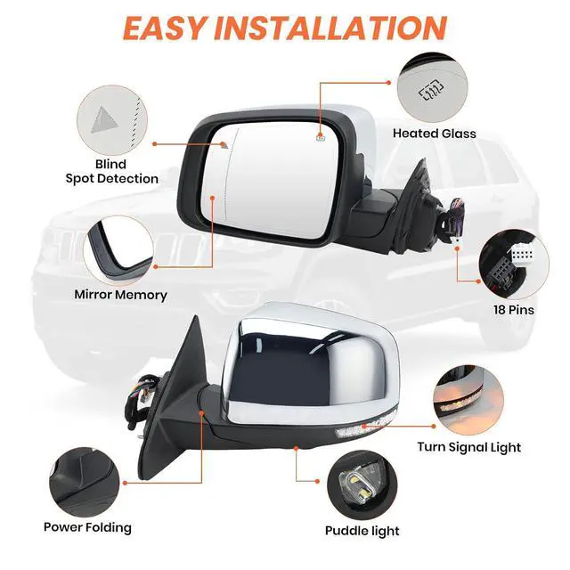 Alt view image 3 of 7 - Left Driver Side Mirror Compatible with Jeep Grand Cherokee 2011-2021 WK Mirrors with Power Folding,Memory,Blind Spot,Puddle Light,Turn Signal,Heated,Chrome Replaces 5VB45AXRAB (18Pins)