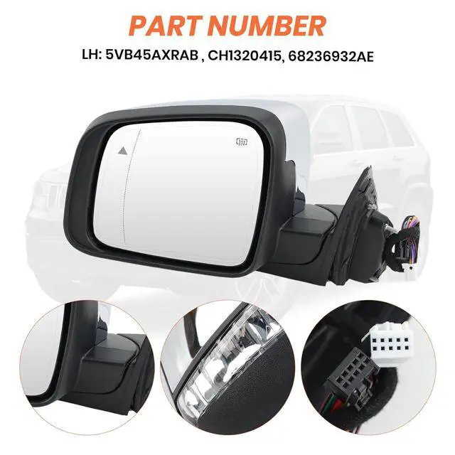 Alt view image 6 of 7 - Left Driver Side Mirror Compatible with Jeep Grand Cherokee 2011-2021 WK Mirrors with Power Folding,Memory,Blind Spot,Puddle Light,Turn Signal,Heated,Chrome Replaces 5VB45AXRAB (18Pins)