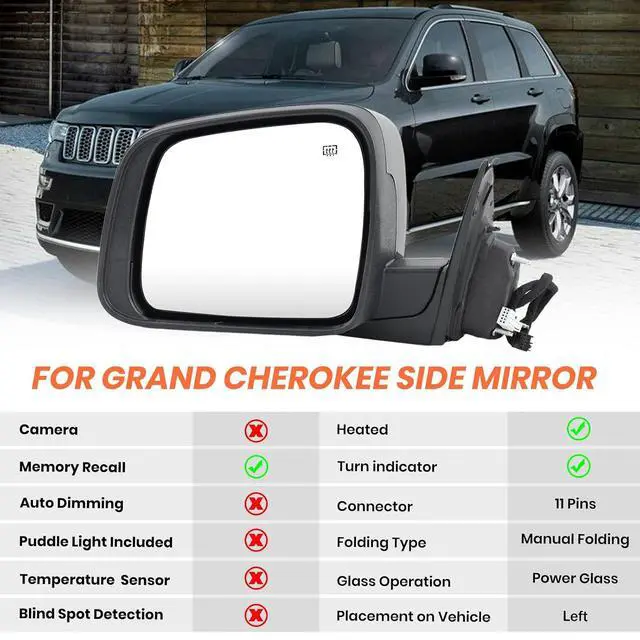 Alt view image 2 of 7 - Left Driver Side Mirror Compatible With 2011-2021 Jeep Grand Cherokee Mirrors With Memory Heated Turn Signal Manual Folding Power Glass Replace 68257941AB(11Pins) Black
