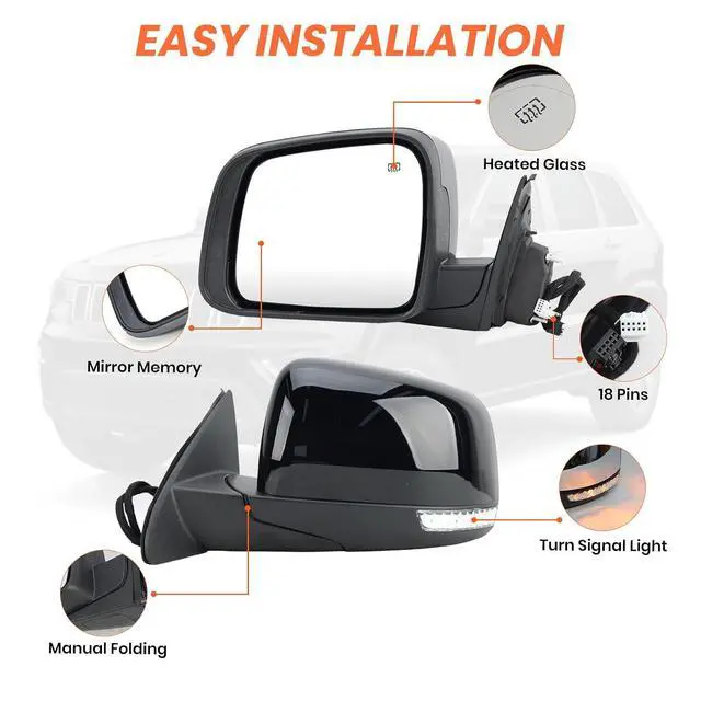Alt view image 3 of 7 - Left Driver Side Mirror Compatible With 2011-2021 Jeep Grand Cherokee Mirrors With Memory Heated Turn Signal Manual Folding Power Glass Replace 68257941AB(11Pins) Black