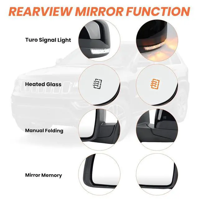Alt view image 4 of 7 - Left Driver Side Mirror Compatible With 2011-2021 Jeep Grand Cherokee Mirrors With Memory Heated Turn Signal Manual Folding Power Glass Replace 68257941AB(11Pins) Black