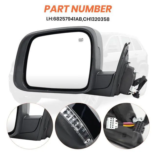 Alt view image 7 of 7 - Left Driver Side Mirror Compatible With 2011-2021 Jeep Grand Cherokee Mirrors With Memory Heated Turn Signal Manual Folding Power Glass Replace 68257941AB(11Pins) Black