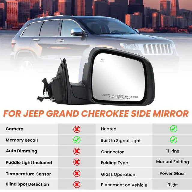 Alt view image 2 of 7 - Passenger Side Mirror Compatible with 2011 2012 2013 2014 2015 2016 2017 2018 2019 2020 2021 Grand Cherokee Mirror with Power Glass,Heated,Signal Light,Memory,Manual Folding Chrome (11pins)