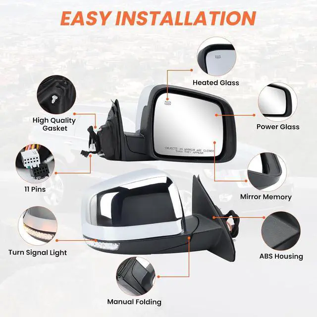 Alt view image 3 of 7 - Passenger Side Mirror Compatible with 2011 2012 2013 2014 2015 2016 2017 2018 2019 2020 2021 Grand Cherokee Mirror with Power Glass,Heated,Signal Light,Memory,Manual Folding Chrome (11pins)