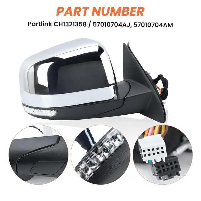 Alt view image 5 of 7 - Passenger Side Mirror Compatible with 2011 2012 2013 2014 2015 2016 2017 2018 2019 2020 2021 Grand Cherokee Mirror with Power Glass,Heated,Signal Light,Memory,Manual Folding Chrome (11pins)