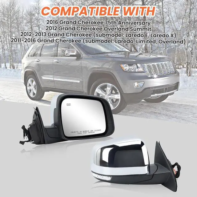 Alt view image 7 of 7 - Passenger Side Mirror Compatible with 2011 2012 2013 2014 2015 2016 2017 2018 2019 2020 2021 Grand Cherokee Mirror with Power Glass,Heated,Signal Light,Memory,Manual Folding Chrome (11pins)